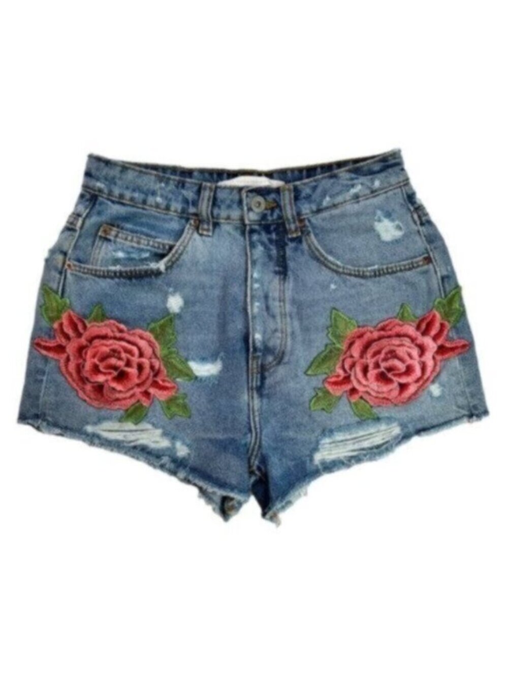 Zara | Embroidered Distressed Fly High Rise Denim Shorts Size 2